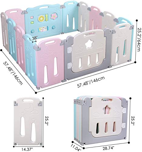 Bamny Parque Infantil Bebe con Puerta de Plástico Extensible, Corralito Bebe Plegable para Niños de 0 a 6 Años (Rosa + Azul + Luna, 12 + 2)