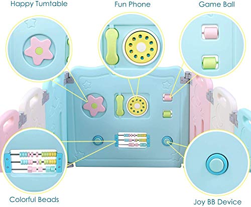 Bamny Parque Infantil Bebe con Puerta de Plástico Extensible, Corralito Bebe Plegable para Niños de 0 a 6 Años (Rosa + Azul + Luna, 12 + 2)