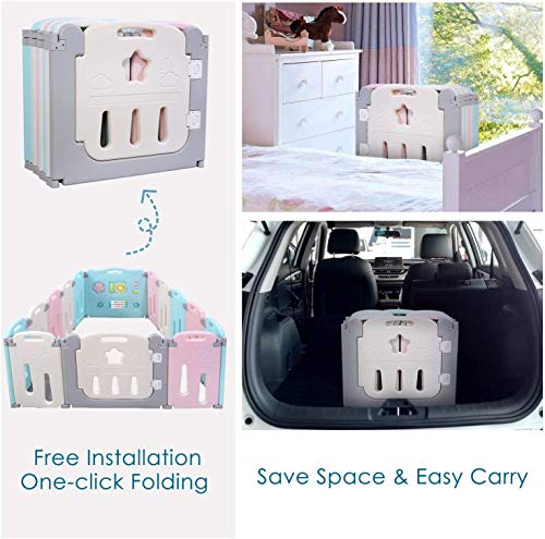 Bamny Parque Infantil Bebe con Puerta de Plástico Extensible, Corralito Bebe Plegable para Niños de 0 a 6 Años (Rosa + Azul + Luna, 12 + 2)