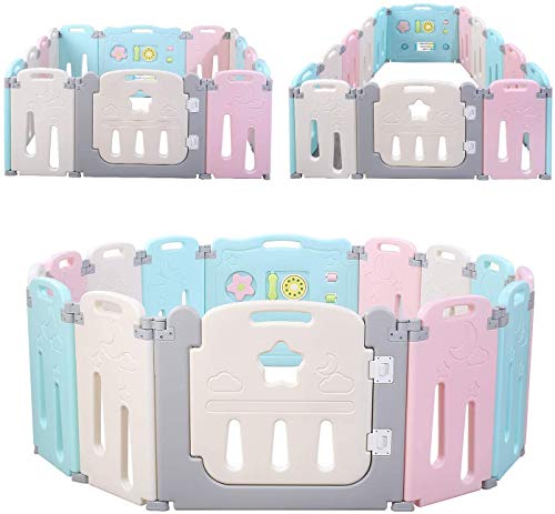 Bamny Parque Infantil Bebe con Puerta de Plástico Extensible, Corralito Bebe Plegable para Niños de 0 a 6 Años (Rosa + Azul + Luna, 12 + 2)