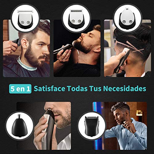 Barbero Eléctrico Profesional 5 en 1 con 5 Peines, Afeitadora Corporal Hombre, Cortapelos, Recortador de Barba, Vello de Nariz y Orejas, Máquina de Afeitar Impermeable Inalámbrica Recargable USB