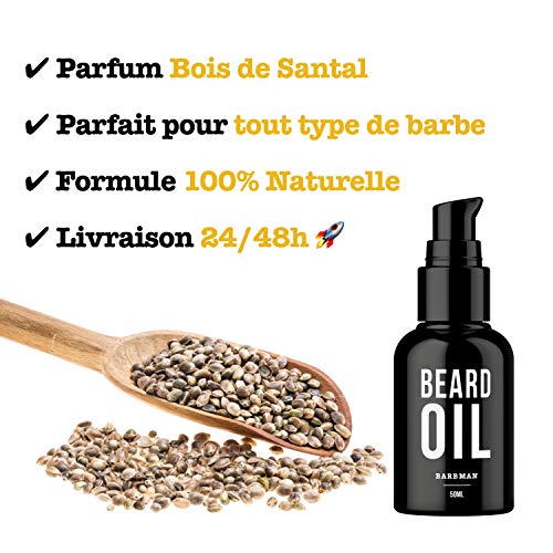 BARBMAN: Aceite para barba natural. Enriquecido con aceite de jojoba y semillas de uva para hidratar y nutrir la piel. Mantenga su barba aportándole brillo y suavidad. Regalo ideal para barbudos