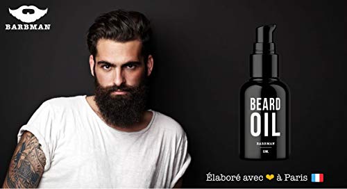 BARBMAN: Aceite para barba natural. Enriquecido con aceite de jojoba y semillas de uva para hidratar y nutrir la piel. Mantenga su barba aportándole brillo y suavidad. Regalo ideal para barbudos