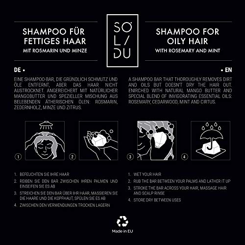 Barra de champú sólida para cabello graso - jabón para el cabello de primera calidad con romero y menta y manteca de cacao - jabón de champú - adecuado para veganos, cero desperdicio