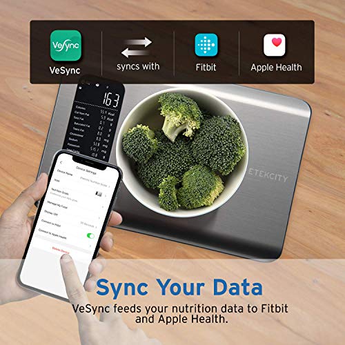 Báscula de cocina digital ETEKCITY, Báscula de análisis de valor nutricional inteligente, con calculadora de alimentación para ceto, macro, datos de calorías y peso, color plateado y negro