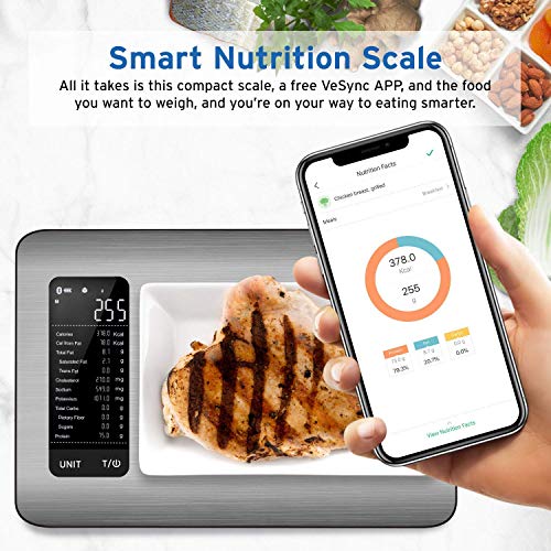 Báscula de cocina digital ETEKCITY, Báscula de análisis de valor nutricional inteligente, con calculadora de alimentación para ceto, macro, datos de calorías y peso, color plateado y negro