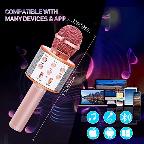 Bearbro Micrófono Inalámbrico Bluetooth，Micrófono Karaoke Bluetooth Portátil con Función Selfie para Niños Canta Partido Musica, Compatible con Android/iOS PC, AUX o Teléfono Inteligente (oro rosa)