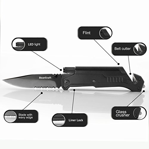 BearCraft Cuchillo Plegable eBook Gratis ** | Navaja de Bolsillo para la Supervivencia al Aire Libre con Borde dentado | Cuchillo de Rescate con Linterna LED y pedernal