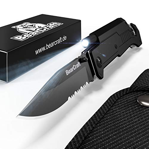 BearCraft Cuchillo Plegable eBook Gratis ** | Navaja de Bolsillo para la Supervivencia al Aire Libre con Borde dentado | Cuchillo de Rescate con Linterna LED y pedernal