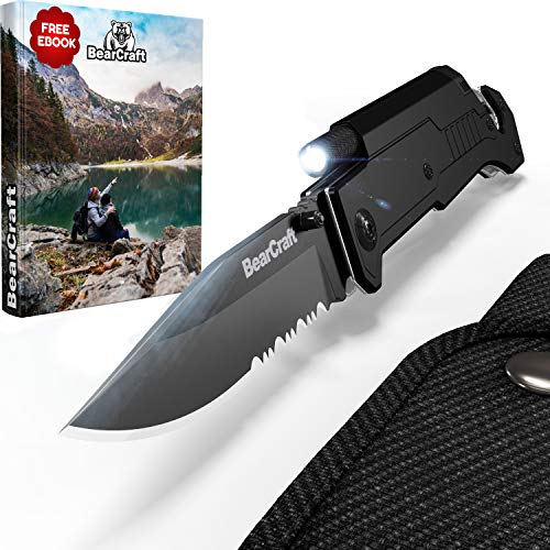 BearCraft Cuchillo Plegable eBook Gratis ** | Navaja de Bolsillo para la Supervivencia al Aire Libre con Borde dentado | Cuchillo de Rescate con Linterna LED y pedernal