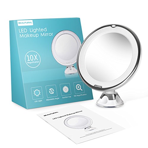 Beautural Espejo de Baño Mujer, Espejo Maquillaje con luz LED Aumento 10X, con Rótulo Giratorio Ajustable y Ventosa,a Pilas