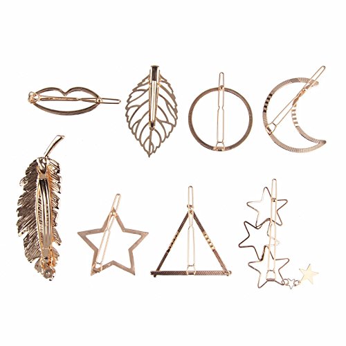 Beauty7 Horquillas Dorada Pinza de Pelo Clip Metal Hueco Triángulo Geométrico Círculo Hoja de Plumas Perlas Luna Estrella Accesorios de Pelo Vintage Fiesta Boda 8pcs