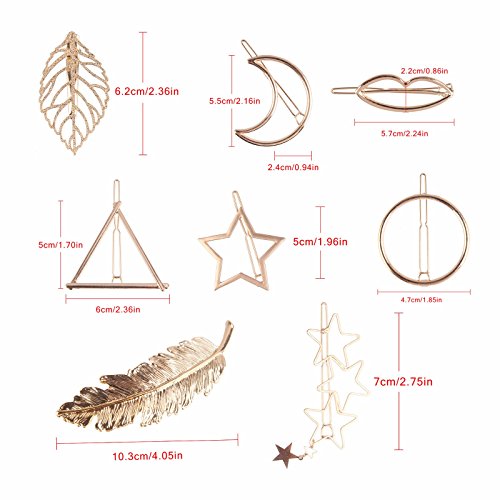Beauty7 Horquillas Dorada Pinza de Pelo Clip Metal Hueco Triángulo Geométrico Círculo Hoja de Plumas Perlas Luna Estrella Accesorios de Pelo Vintage Fiesta Boda 8pcs