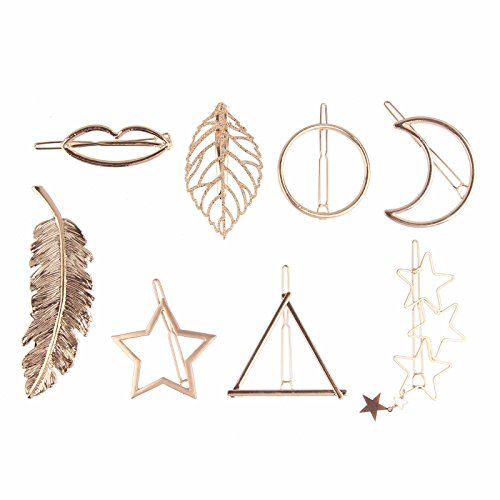 Beauty7 Horquillas Dorada Pinza de Pelo Clip Metal Hueco Triángulo Geométrico Círculo Hoja de Plumas Perlas Luna Estrella Accesorios de Pelo Vintage Fiesta Boda 8pcs