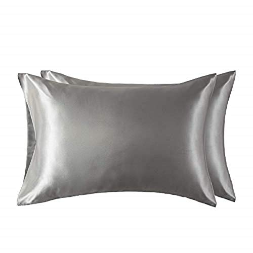 Bedsure Funda Almohada 50x75cm Satén Gris - Juego de 2 Fundas Almohadas 75x50 Pelo Rizado, Muy Liso Suave de 100% Microfibra, Antiarrugas sin Cremallera, 2 Piezas