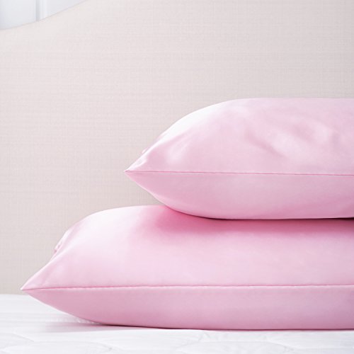 Bedsure Funda Almohada 50x75cm Satén Rosado - Juego de 2 Fundas Almohadas 75x50 Pelo Rizado, Muy Liso Suave de 100% Microfibra, Antiarrugas sin Cremallera, 2 Piezas