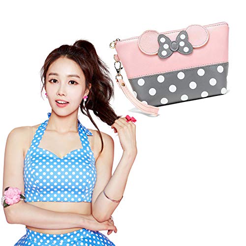 Beito 1PC Cuero Dibujos Animados Orejas de Maquillaje Bolso de Lunares Lindo Bolso cosmético Portable Make up Organizador Viaje Maquillaje Bolso de tocador para Mujeres niñas niños (Rosa)