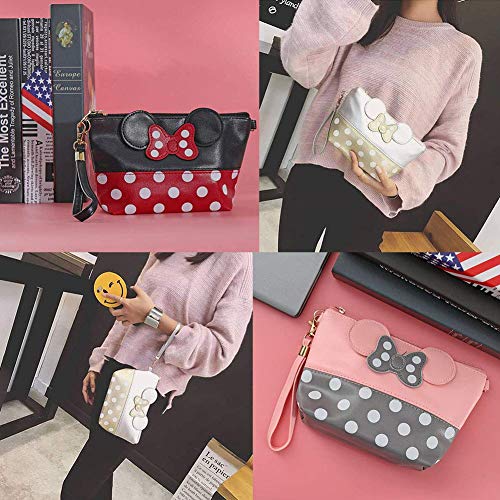 Beito 1PC Cuero Dibujos Animados Orejas de Maquillaje Bolso de Lunares Lindo Bolso cosmético Portable Make up Organizador Viaje Maquillaje Bolso de tocador para Mujeres niñas niños (Rosa)