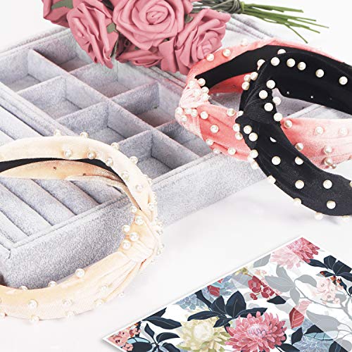 Belle Vous Diadema Cabello con Perlas (3 Piezas) - (14x14cm) Cinta Pelo Mujer Terciopelo con Perlas - Colores Beis, Rosa, Negro Diademas Mujer Anchas - Cintas Pelo Vintage Accesorio Chicas, Mujeres