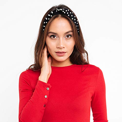 Belle Vous Diadema Cabello con Perlas (3 Piezas) - (14x14cm) Cinta Pelo Mujer Terciopelo con Perlas - Colores Beis, Rosa, Negro Diademas Mujer Anchas - Cintas Pelo Vintage Accesorio Chicas, Mujeres