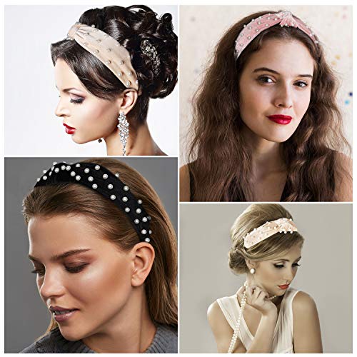 Belle Vous Diadema Cabello con Perlas (3 Piezas) - (14x14cm) Cinta Pelo Mujer Terciopelo con Perlas - Colores Beis, Rosa, Negro Diademas Mujer Anchas - Cintas Pelo Vintage Accesorio Chicas, Mujeres