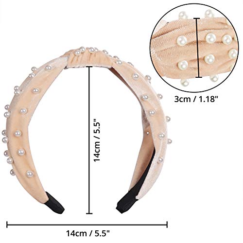Belle Vous Diadema Cabello con Perlas (3 Piezas) - (14x14cm) Cinta Pelo Mujer Terciopelo con Perlas - Colores Beis, Rosa, Negro Diademas Mujer Anchas - Cintas Pelo Vintage Accesorio Chicas, Mujeres