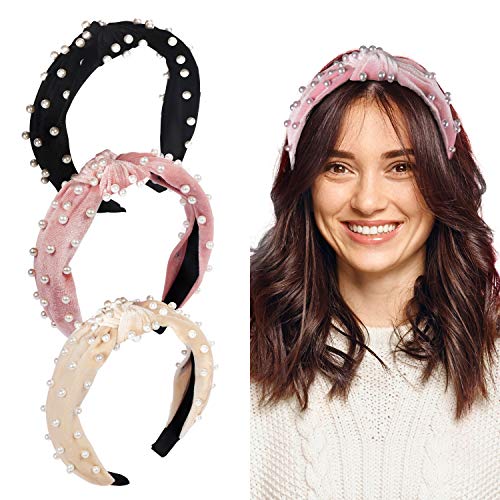 Belle Vous Diadema Cabello con Perlas (3 Piezas) - (14x14cm) Cinta Pelo Mujer Terciopelo con Perlas - Colores Beis, Rosa, Negro Diademas Mujer Anchas - Cintas Pelo Vintage Accesorio Chicas, Mujeres
