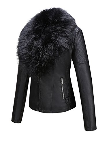 Bellivera Chaqueta Corta de Piel Sintética para Mujeres, Chaqueta de Moto con Cuello Desmontable de Piel Sintética