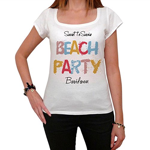 Benidorm Beach Party, La Camiseta de Las Mujeres, Manga Corta, Cuello Redondo, Blanco
