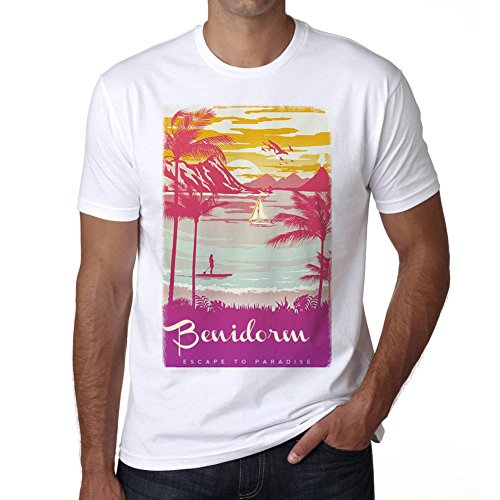 Benidorm, Escapar al paraíso, Camiseta para Las Hombres, Manga Corta, Cuello Redondo, Blanco