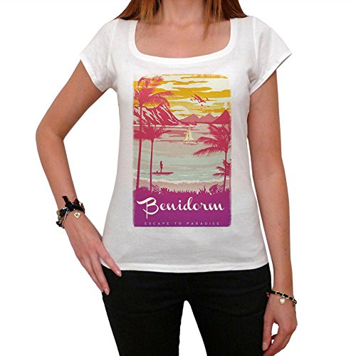 Benidorm, Escapar al paraíso, La Camiseta de Las Mujeres, Manga Corta, Cuello Redondo, Blanco