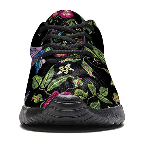 Bennigiry Bordado Colibrí Y Rosas Silvestres Flores Dogrose Athletic Trainers Zapatillas Ligeras Calzado Deportivo para Mujer