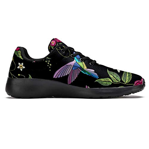 Bennigiry Bordado Colibrí Y Rosas Silvestres Flores Dogrose Athletic Trainers Zapatillas Ligeras Calzado Deportivo para Mujer