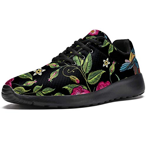 Bennigiry Bordado Colibrí Y Rosas Silvestres Flores Dogrose Athletic Trainers Zapatillas Ligeras Calzado Deportivo para Mujer