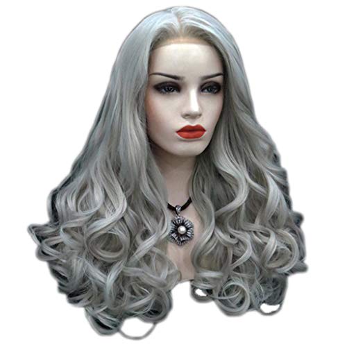 Berimaterry_Pelucas Mujer Natural Pulgada Largo Rizo/Pelo Natural/Colores/Rubia/Cosplay Brasileña para Uso Diario Modern Delantera de Encaje Sintético Moda Frontal Gris Blanco (Encaje Intranet, Gris)