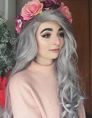Berimaterry_Pelucas Mujer Natural Pulgada Largo Rizo/Pelo Natural/Colores/Rubia/Cosplay Brasileña para Uso Diario Modern Delantera de Encaje Sintético Moda Frontal Gris Blanco (Encaje Intranet, Gris)