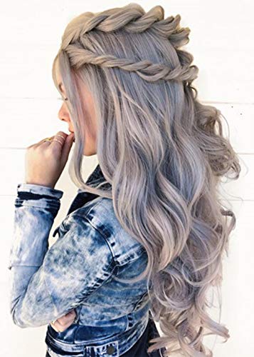 Berimaterry_Pelucas Mujer Natural Pulgada Largo Rizo/Pelo Natural/Colores/Rubia/Cosplay Brasileña para Uso Diario Modern Delantera de Encaje Sintético Moda Frontal Gris Blanco (Encaje Intranet, Gris)