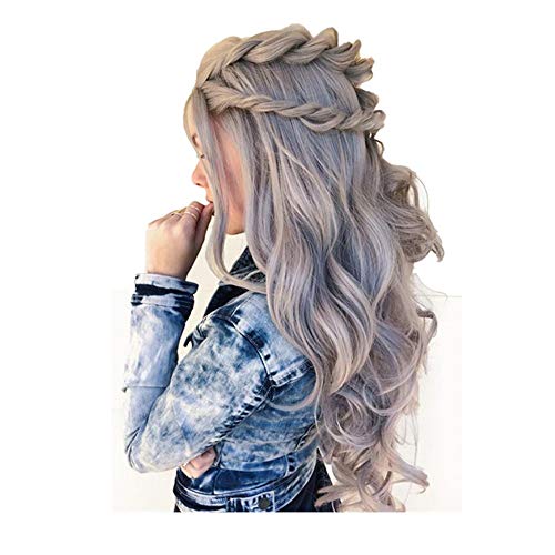 Berimaterry_Pelucas Mujer Natural Pulgada Largo Rizo/Pelo Natural/Colores/Rubia/Cosplay Brasileña para Uso Diario Modern Delantera de Encaje Sintético Moda Frontal Gris Blanco (Encaje Intranet, Gris)