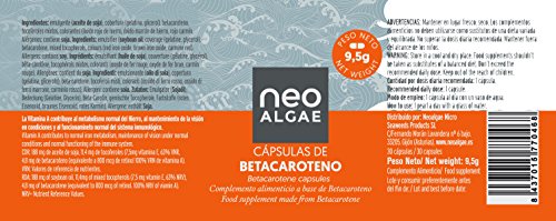 Betacaroteno en Cápsulas | Natural Acelera el Bronceado | Antioxidante y Mejora de la Visión | Procedente de Microalgas Asimilación | Fabricado y Envasado en España | 60 Cápsulas | Neoalgae