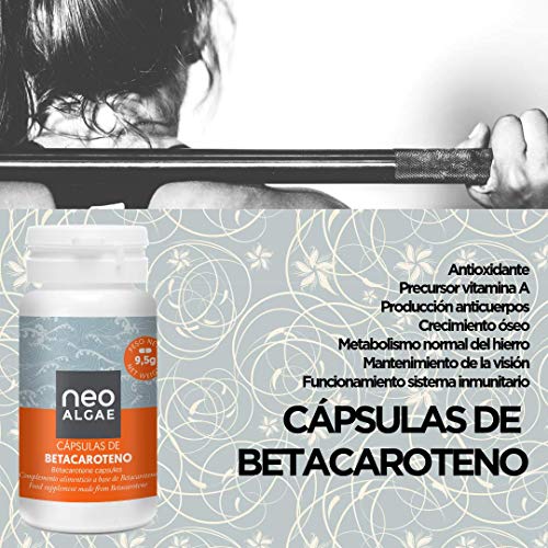 Betacaroteno en Cápsulas | Natural Acelera el Bronceado | Antioxidante y Mejora de la Visión | Procedente de Microalgas Asimilación | Fabricado y Envasado en España | 60 Cápsulas | Neoalgae