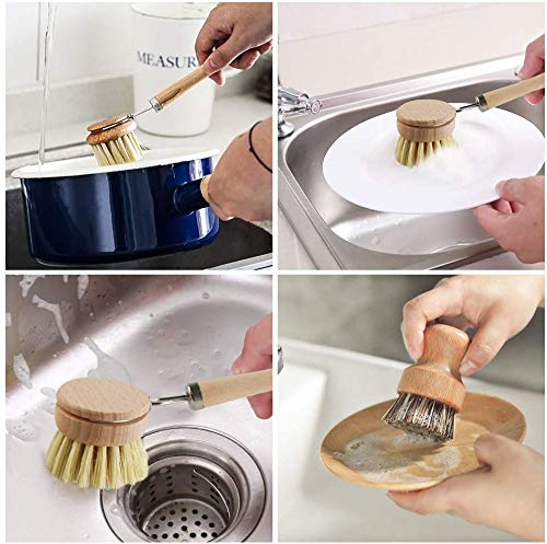 BETOY Cepillo para Platos de Madera–Cepillo con Cabeza de Repuesto y Olla Cepillo en 4 Piezas Set,Cepillo para Lavar Platos Cepillo de Madera vajilla Utensilios Cocina Olla sartén Cepillo Limpieza