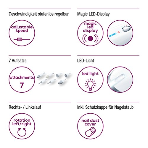 Beurer 574.00 MP42 Set de Manicura y pedicura, para Manos y Pies, 7 Cabezales, Velocidad Ajustable, Luz LED