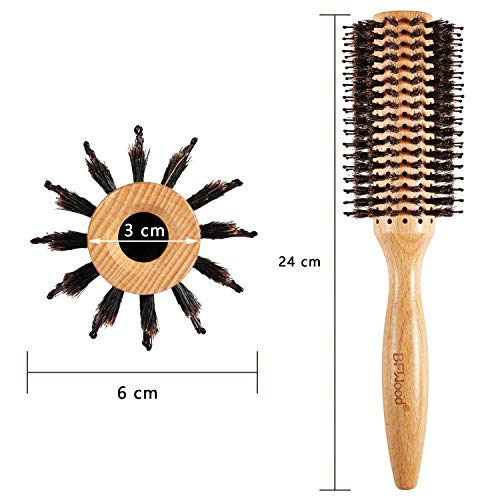 BFWood Cepillo de pelo Redondo con Mango de Rodillo de Madera Cepillo de Peinado con Cerdas de Jabalí