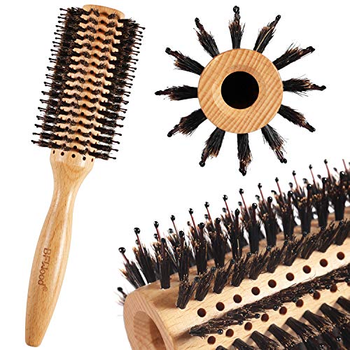BFWood Cepillo de pelo Redondo con Mango de Rodillo de Madera Cepillo de Peinado con Cerdas de Jabalí