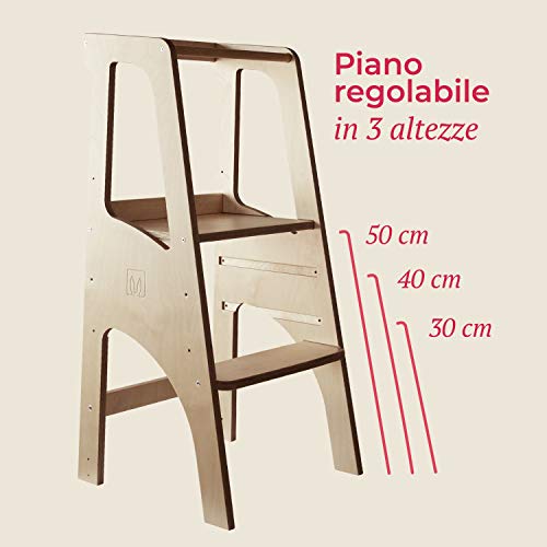 Bianconiglio Kids ® EVO 2019 Torre de Aprendizaje Montessori Acabado Transparente, Madera Vista, Regulable en Altura (Solo Madera Natural)