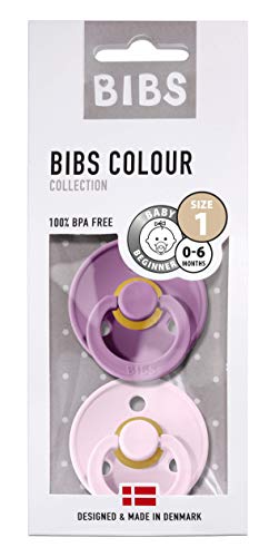BIBS Colour Chupetes Pack 2 - Sin BPA Caucho Natural - 0-6 Meses (Tamaño 1) - Lavender/Baby Pink