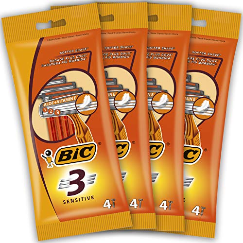 BIC 3 Sensitive Maquinillas Desechables para Hombre - Paquete de 4 Packs de 4