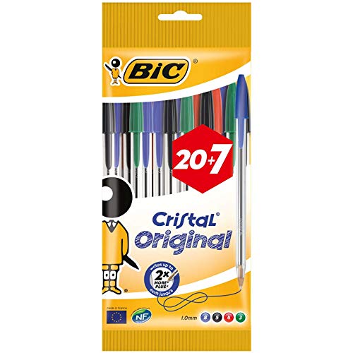BIC Cristal Original - Bolígrafos punta media, 1.0 mm, Blíster de 20+7, colores Surtidos