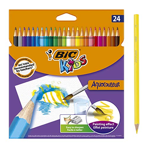 BIC Kids Aquacouleur Lápices Acuarelables Efecto Pintura - colores Surtidos, Blíster de 24 unidades