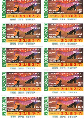 BILLETE PLIEGO HOJA DE 10 CUPONES DE LA ONCE ORGANIZACIÓN NACIONAL DE CIEGOS ESPAÑA SPAIN TRADICIONES POPULARES FERIA DE ABRIL SEVILLA ANDALUCÍA. CUPÓN CIEGO SUERTE IDEAL COLECCIÓN. LOTERÍA LOTTERY